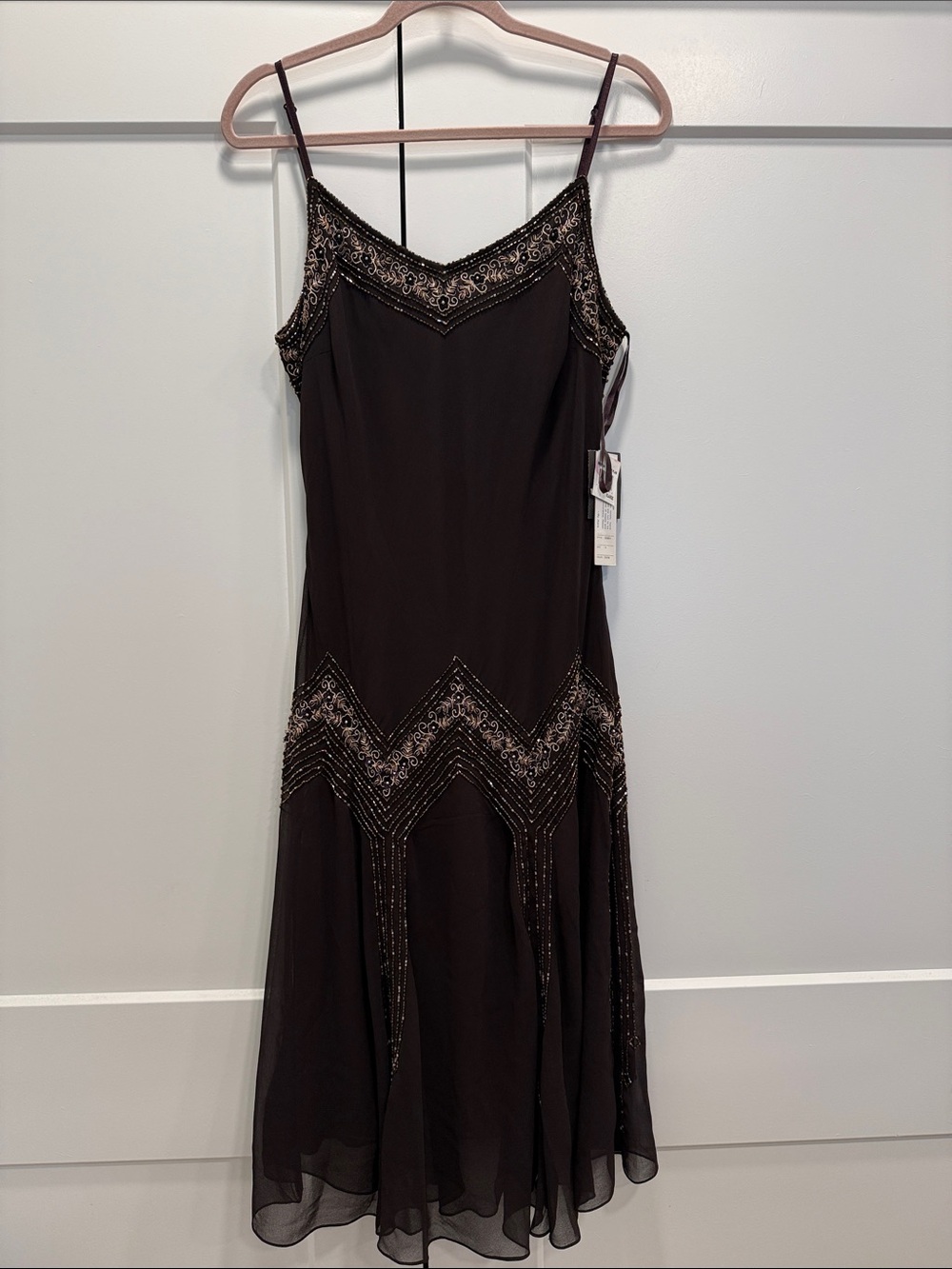 90’s Y2K J Kara whimsical  Brown  Beaded Midi Slip Dress with Metallic Accents